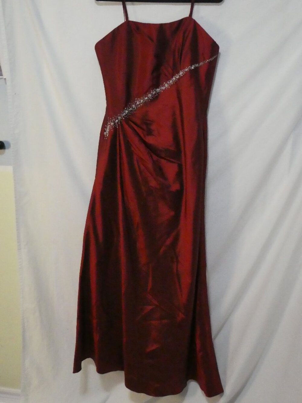 IMPRESSION BRIDAL Burgundy Red Satin Beaded Ruched Prom Formal Dress Gown - 14